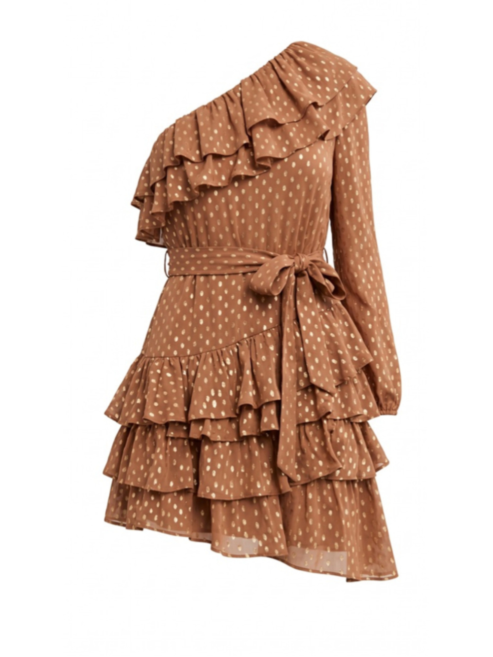 Rococo Sand Aine Metallic Brown One Shoulder Ruffle Dress Size M